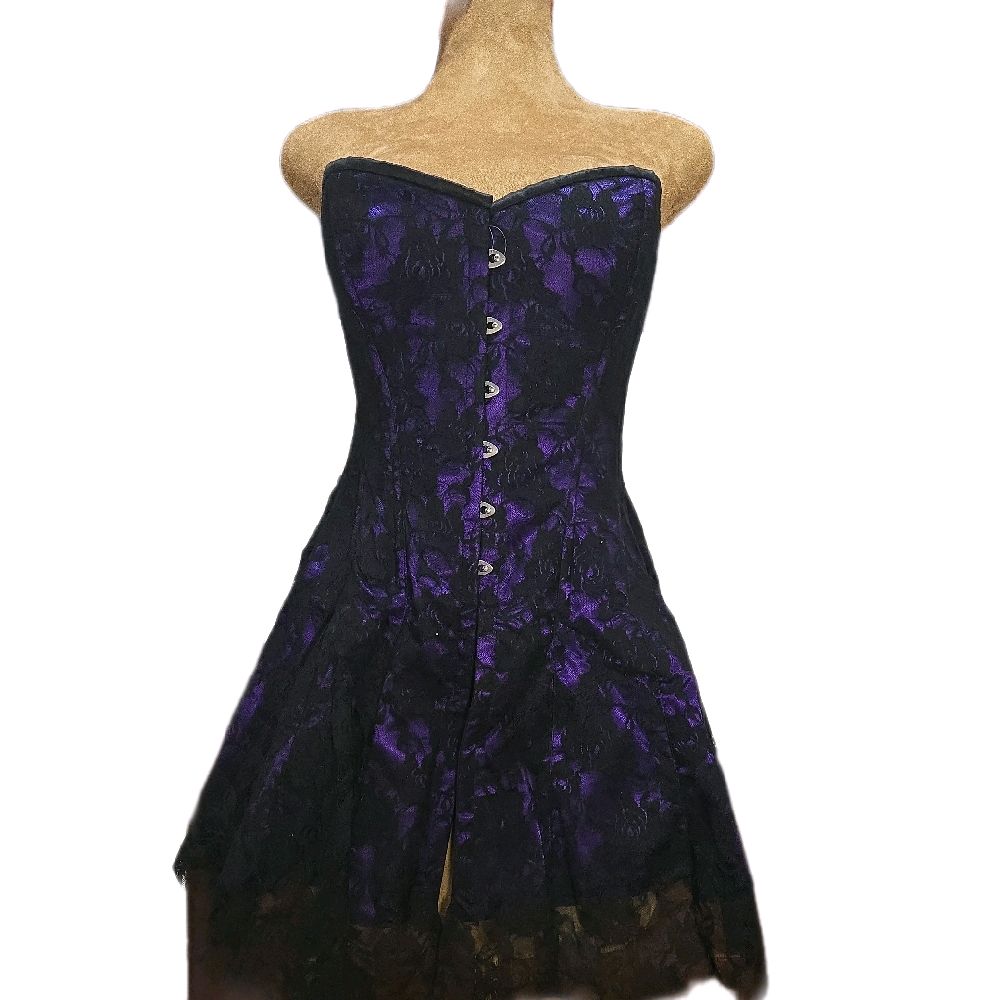 Overbust Corset Dress– Purple Satin/Black Rose Mesh Overlay | 36" Waist Goal, 12.5" Length