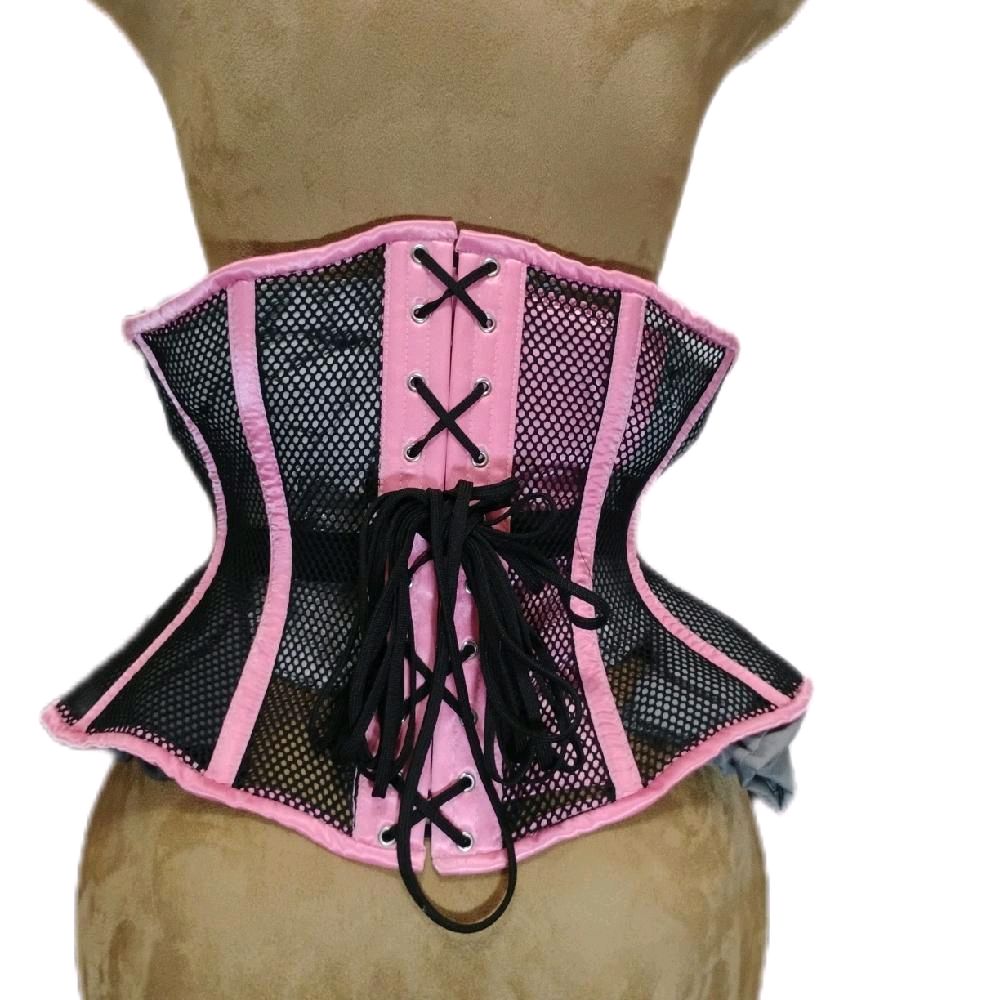 Pink Satin & Black Mesh Floral Roses Keys Corset – 30" Waist Goal | 12" Length |