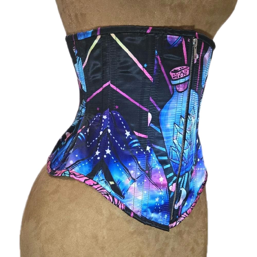 Mystical Galaxy Crystal Print Corset – 26-Inch Waist Goal, 12-Inch Length, Middle Zipper