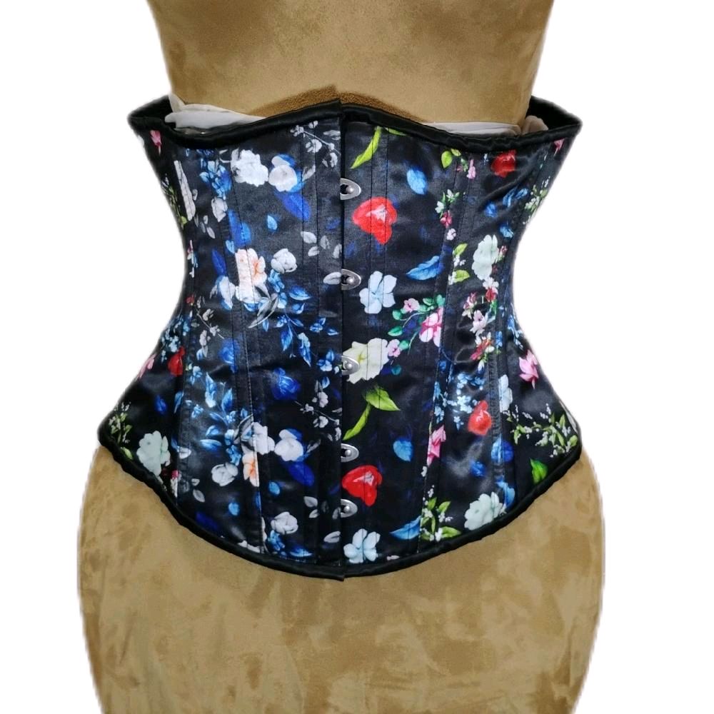 Black Floral Steel-Boned Waist Training Corset – 30” Waist Goal | 12” Length