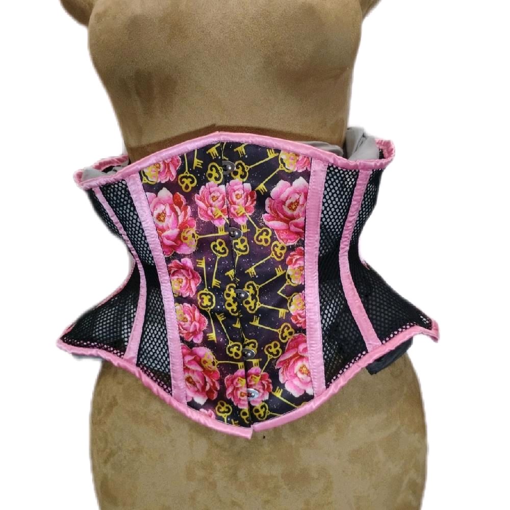 Pink Satin & Black Mesh Floral Roses Keys Corset – 30" Waist Goal | 12" Length |