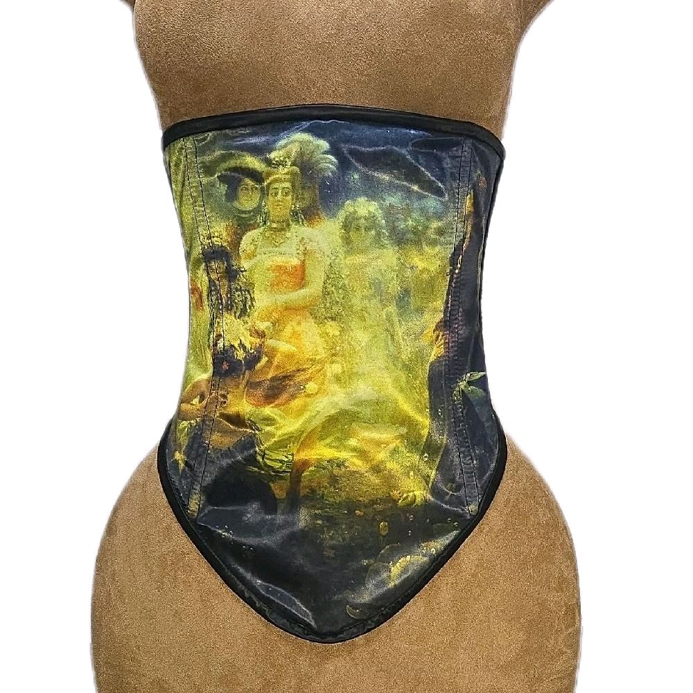 26-Inch Waist Goal | 15" Front Length | Side Zipper | Black Velvet & Satin | Victorian Full Image| Mermaid Print Corset