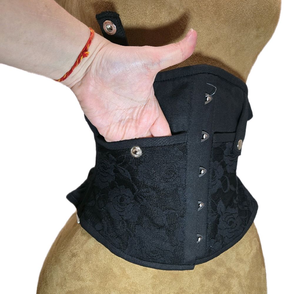 Black Cotton Corset with Concealed Carry Pockets – 26” Waist Goal, 10” Length, Rose Lace Overlay