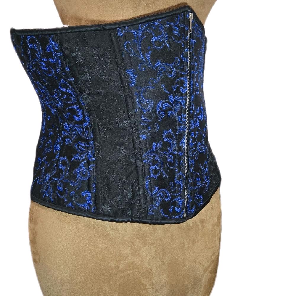 Dark Blue & Black Brocade Waist Training Corset – 38" Waist Goal, 14" Length, Zipper