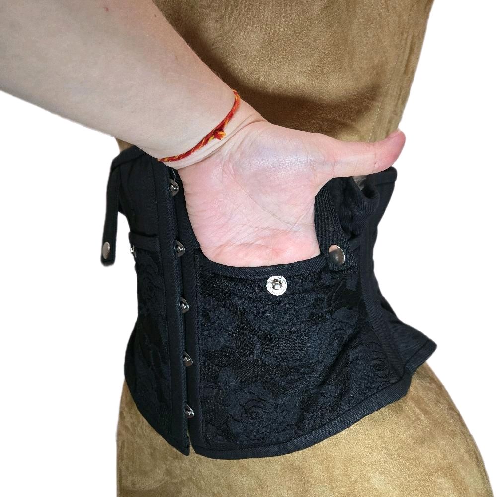 Black Cotton Corset with Concealed Carry Pockets – 26” Waist Goal, 10” Length, Rose Lace Overlay