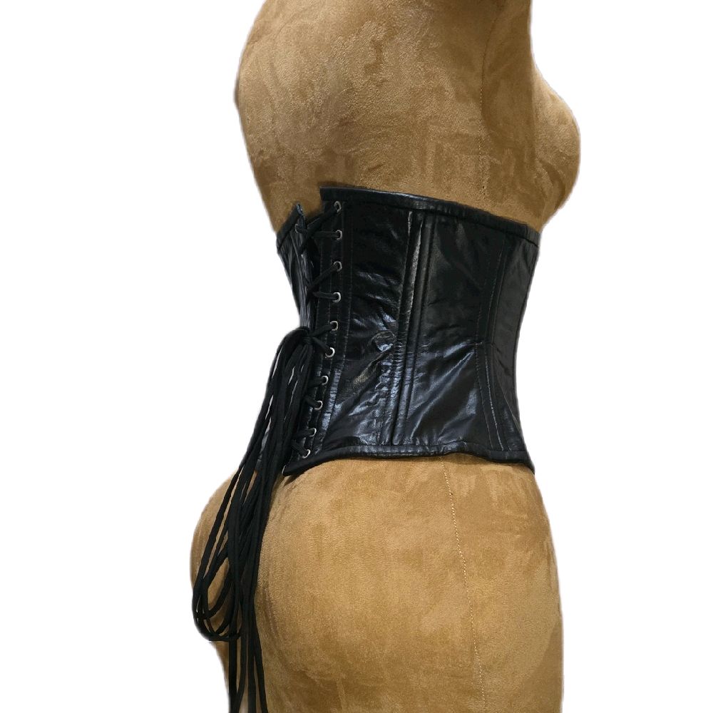 26-inch waist goal | 10-inch length | Black leather corset