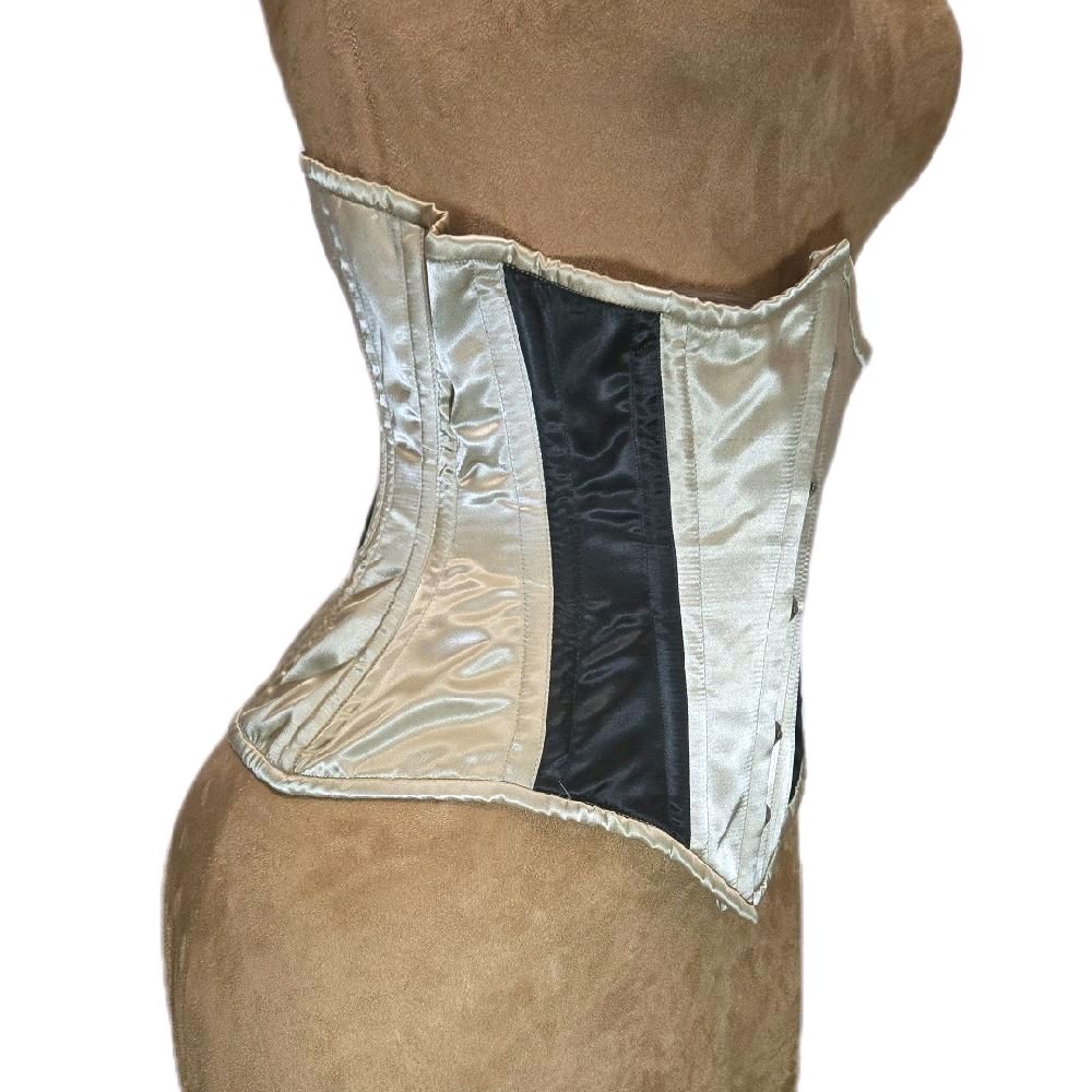 Beige Khaki Satin & Black Satin Waist Training Corset – 26-Inch Waist Goal, 12-Inch Length