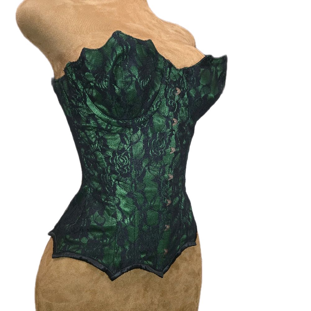 Overbust Mermaid Collection Corset – 20-Inch Waist Goal | 16” Center Length | Green Satin with Black Rose Lace Overlay