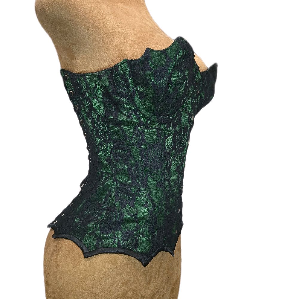 Overbust Mermaid Collection Corset – 20-Inch Waist Goal | 16” Center Length | Green Satin with Black Rose Lace Overlay