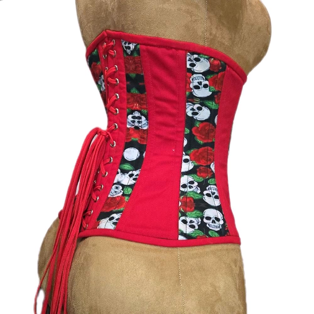 Red Cotton & Skulls Waist Training Corset – Gothic Waist Cincher, 26 waist goal, 13 Length waist cincher