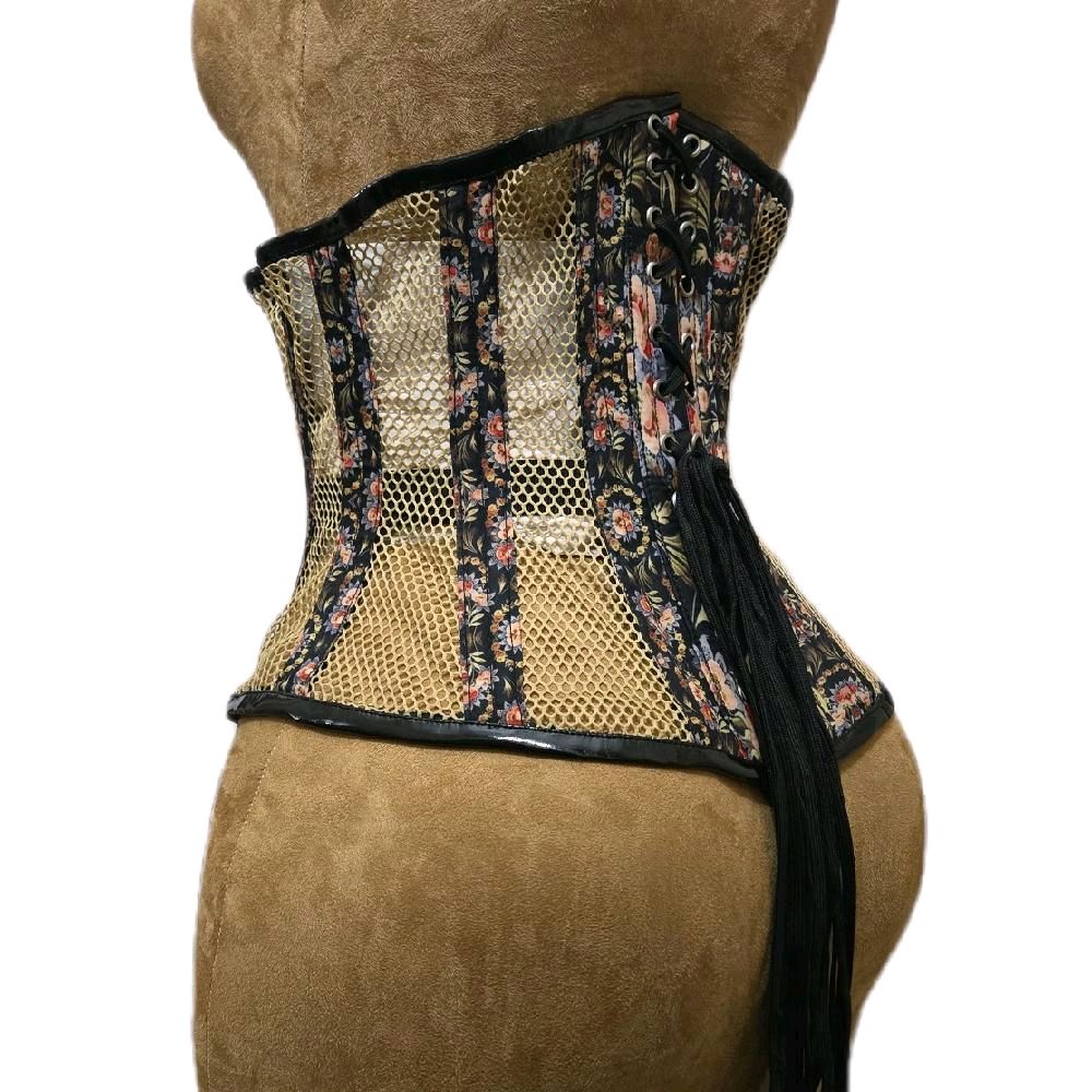 Floral & Khaki Mesh Corset – 26" Waist Goal, 12.5" Length|