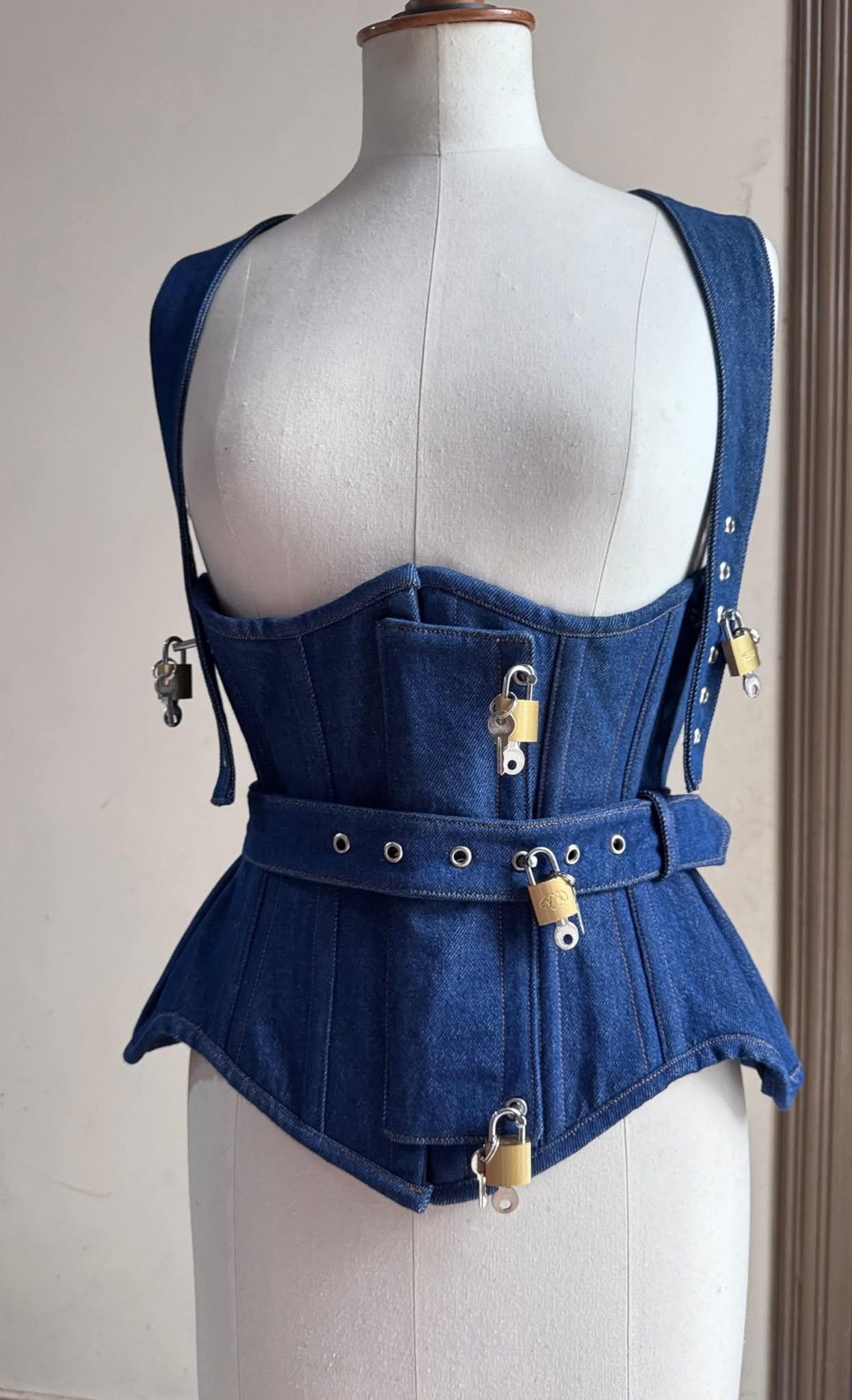 Denim Lockable Waist Training Corset Harness – Crisscross Back Edition