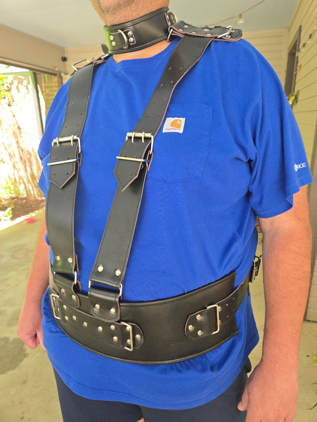Genuine Leather Belted Harness with Attached Collar – D-Ring Design- plus size- ready to ship