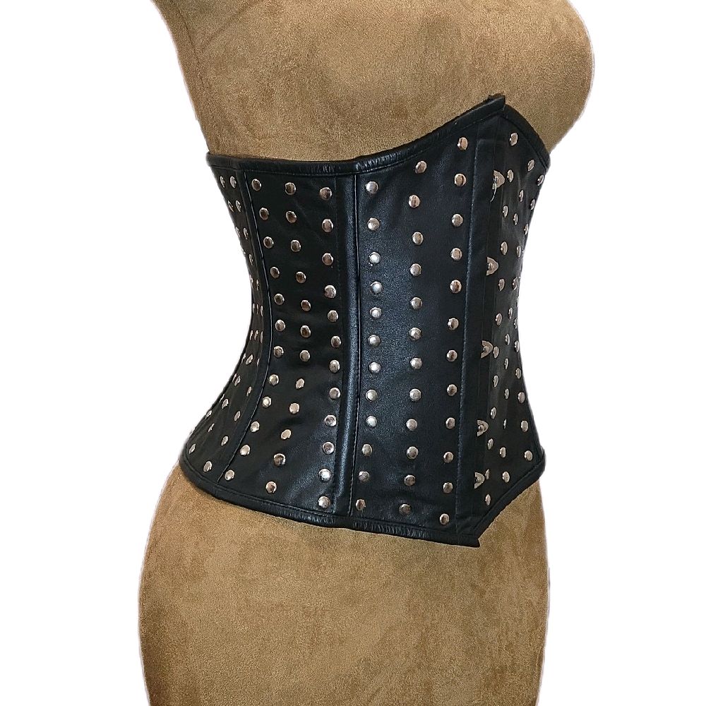 Genuine Black Leather Studded Corset – 26” Waist Goal, 13” Length, Underbust