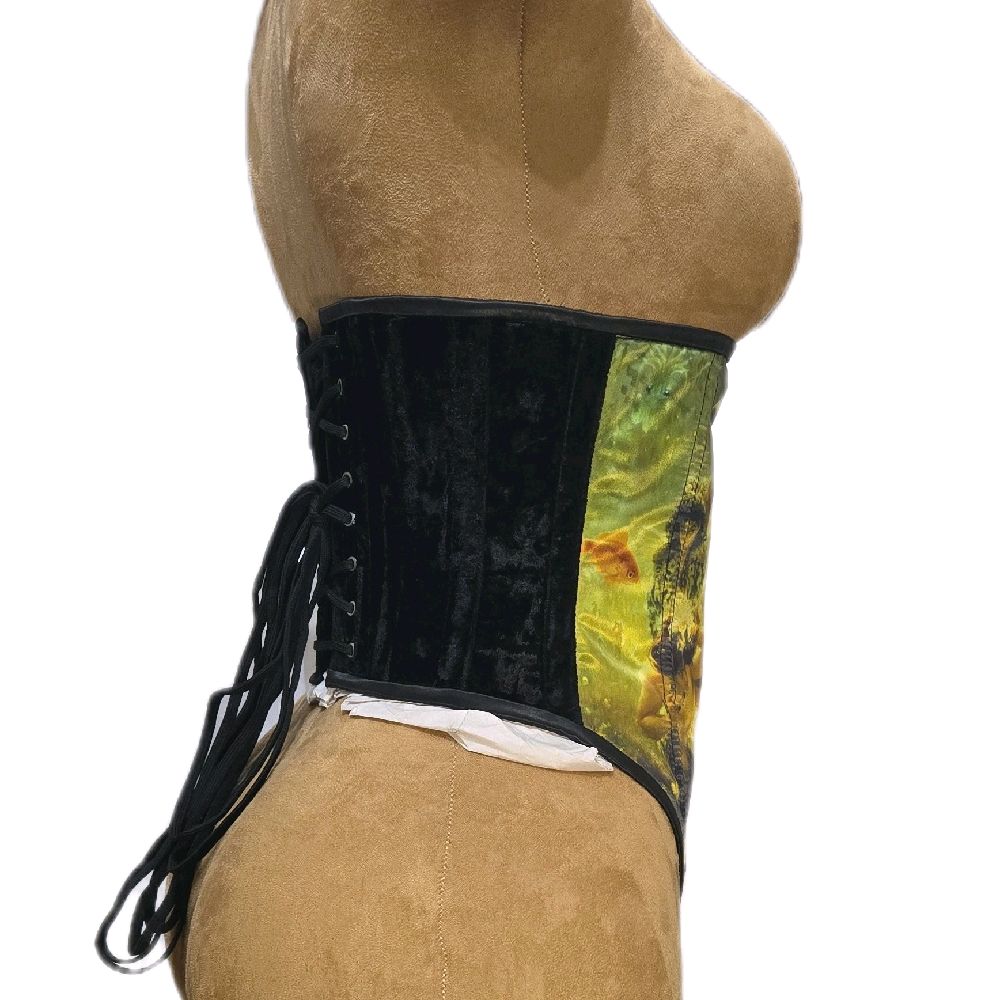 26-Inch Waist Goal | 15" Front Length | Side Zipper | Black Velvet & Satin | Victorian Full Image| Mermaid Print Corset