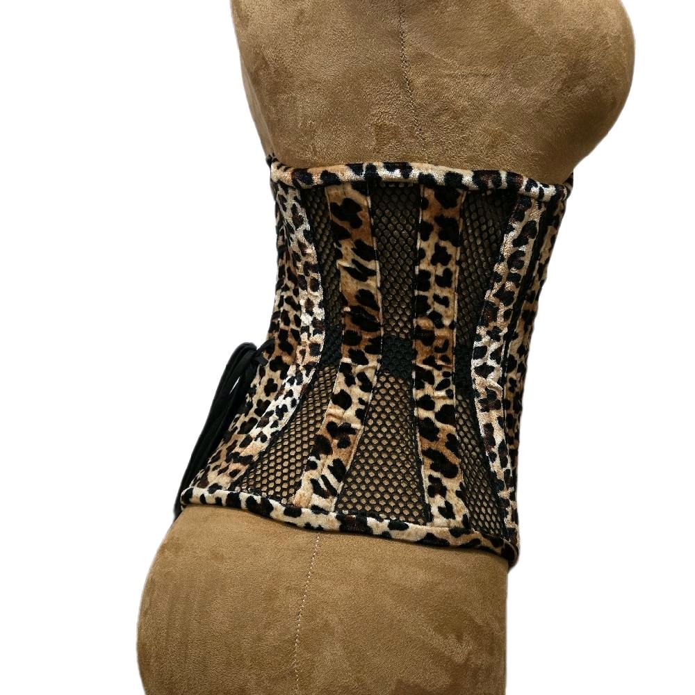 Velvet Leopard Print & Black Mesh Waist Training Corset – 24" Waist Goal,13.5 length