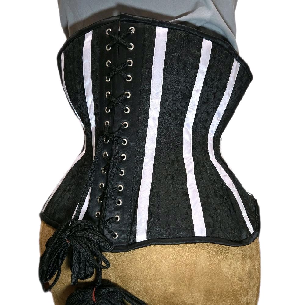 Black & White Striped Brocade Corset| Hip Ties– 32 Waist Goal, 11 Length