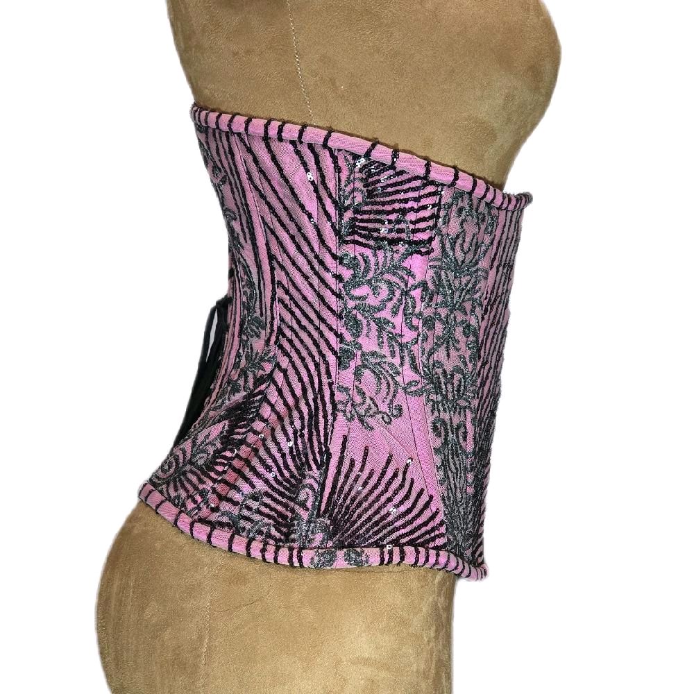 Pink with Black Sparkling Beading Corset | 26" Waist Goal | 12" Length | Formal Wear
