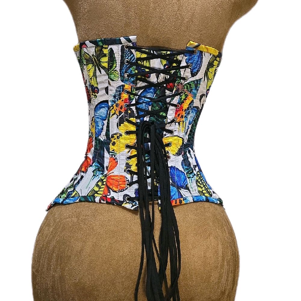 24” waist goal | 14.5” length | Overbust White + Multi Color Butterfly| Butterflies