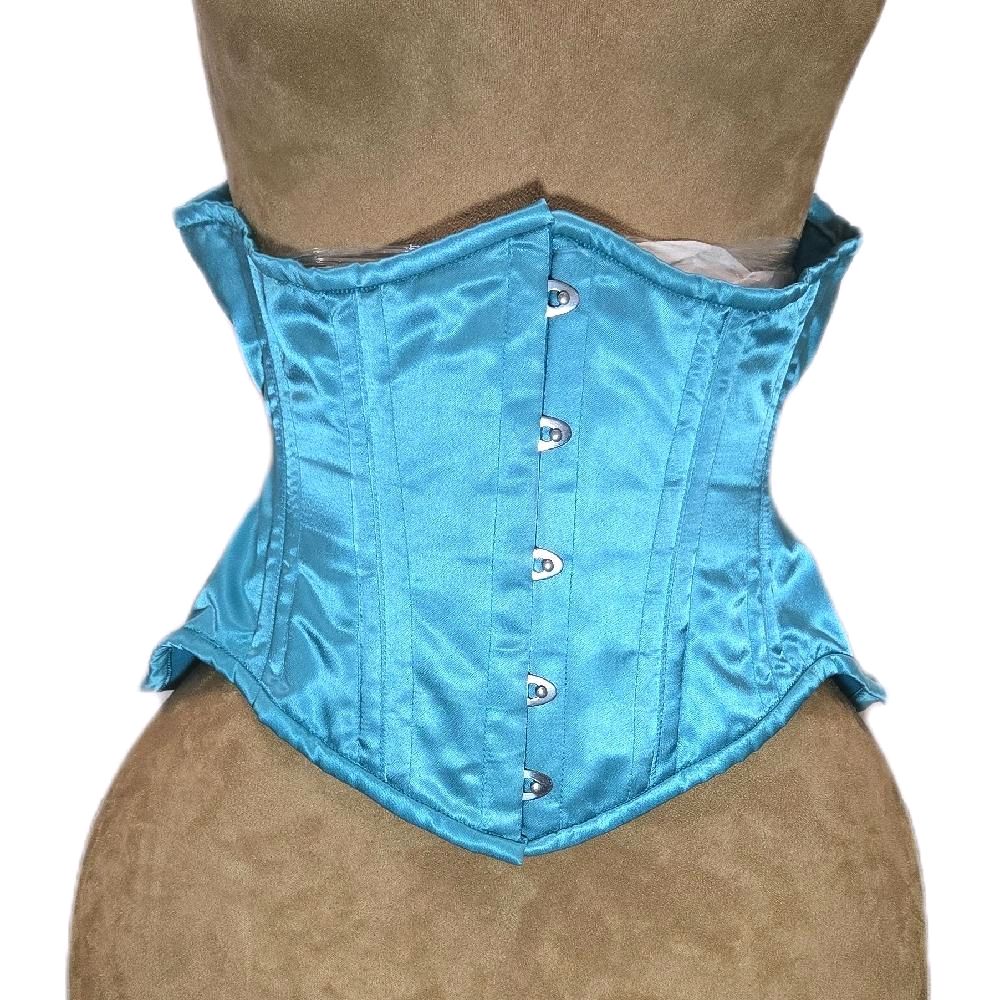 Blue Teal Satin 26-Inch Waist Goal 10-Inch Length Corset